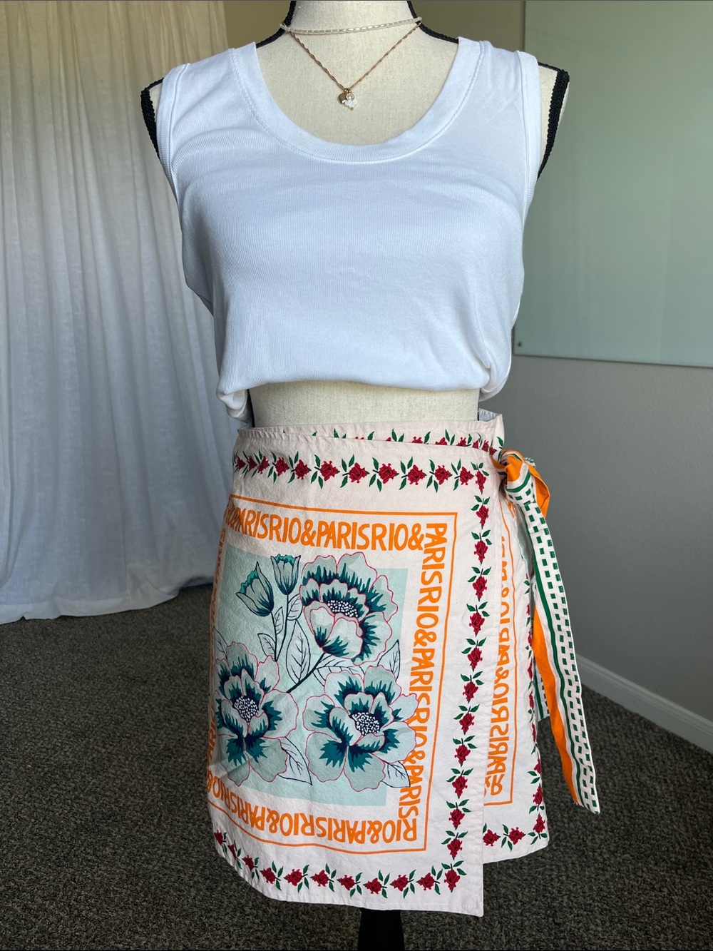 Floral Wrap Mini Skirt Cream Blue Botanical Print Tie Waist Summer Skirt Small